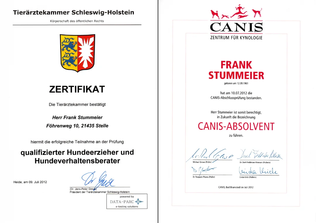 Qualifikation Hundetrainer Frank Stummeier Zertifikat Tierärztekammer und Canis Studien-Bescheinigung für Hudnetrainer Frank Stummeier